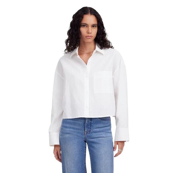 Madewell Linen Cotton Cropped Button-Up Shirt White NWT Size L - Picture 1 of 9